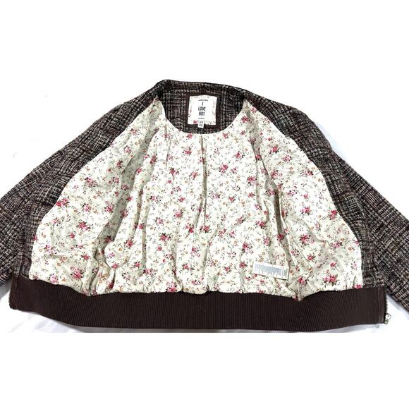 Forever 21 I Love H81 Tweed Bomber Jacket M Brown Faux Leather Zip Plaid Lined - Picture 8 of 10